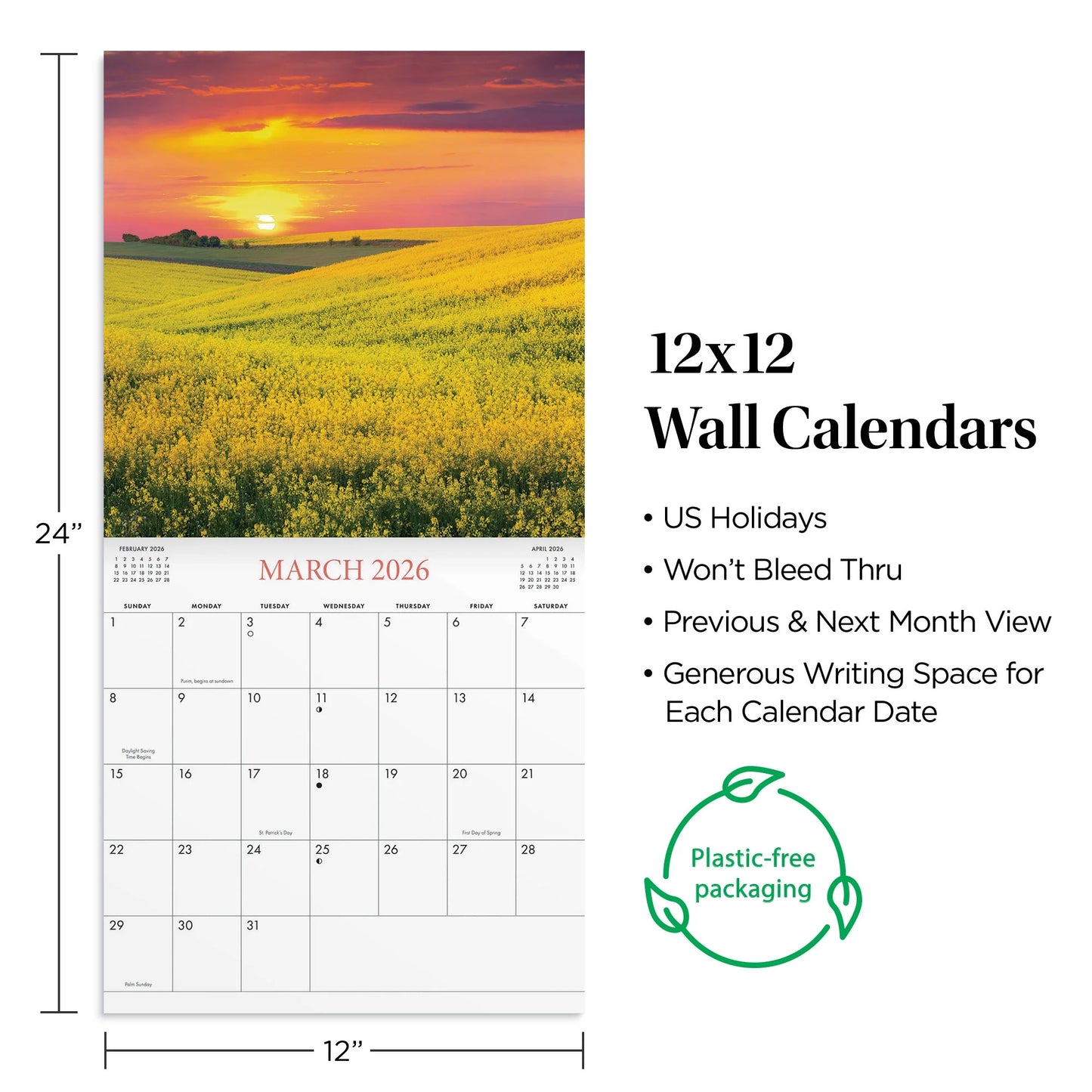 Monthly Calendar (12"X12") Sunsets 12 Month Jan 2026-Dec 2026