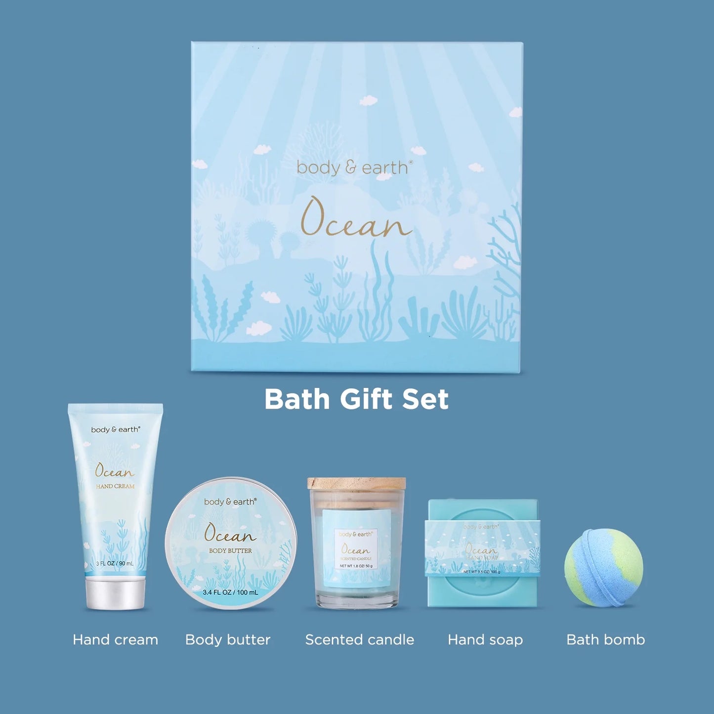 Bath and Body Set for Women, 5 Pcs Ocean Spa Baskets Holiday Beauty Christmas Birthday Gifts Sets for Her Mom
