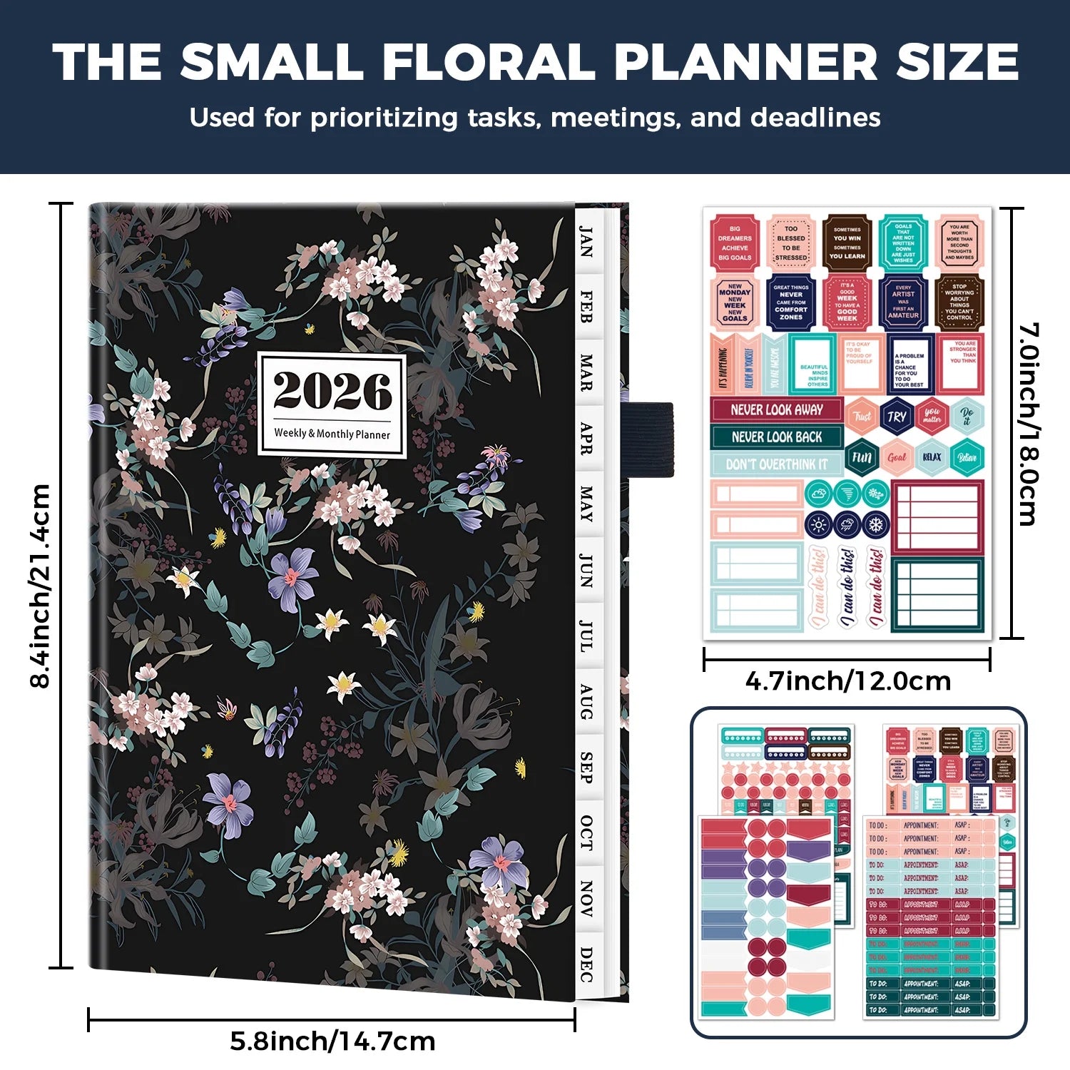 2026 Planner Calendar, Jan.2026 - Dec.2026 Weekly & Monthly Planner with Notes Pages, 12 Monthly Tabs & Inner Pocket, 8.4"X5.7", Flower Pattern Agenda Planning Book for Time Management