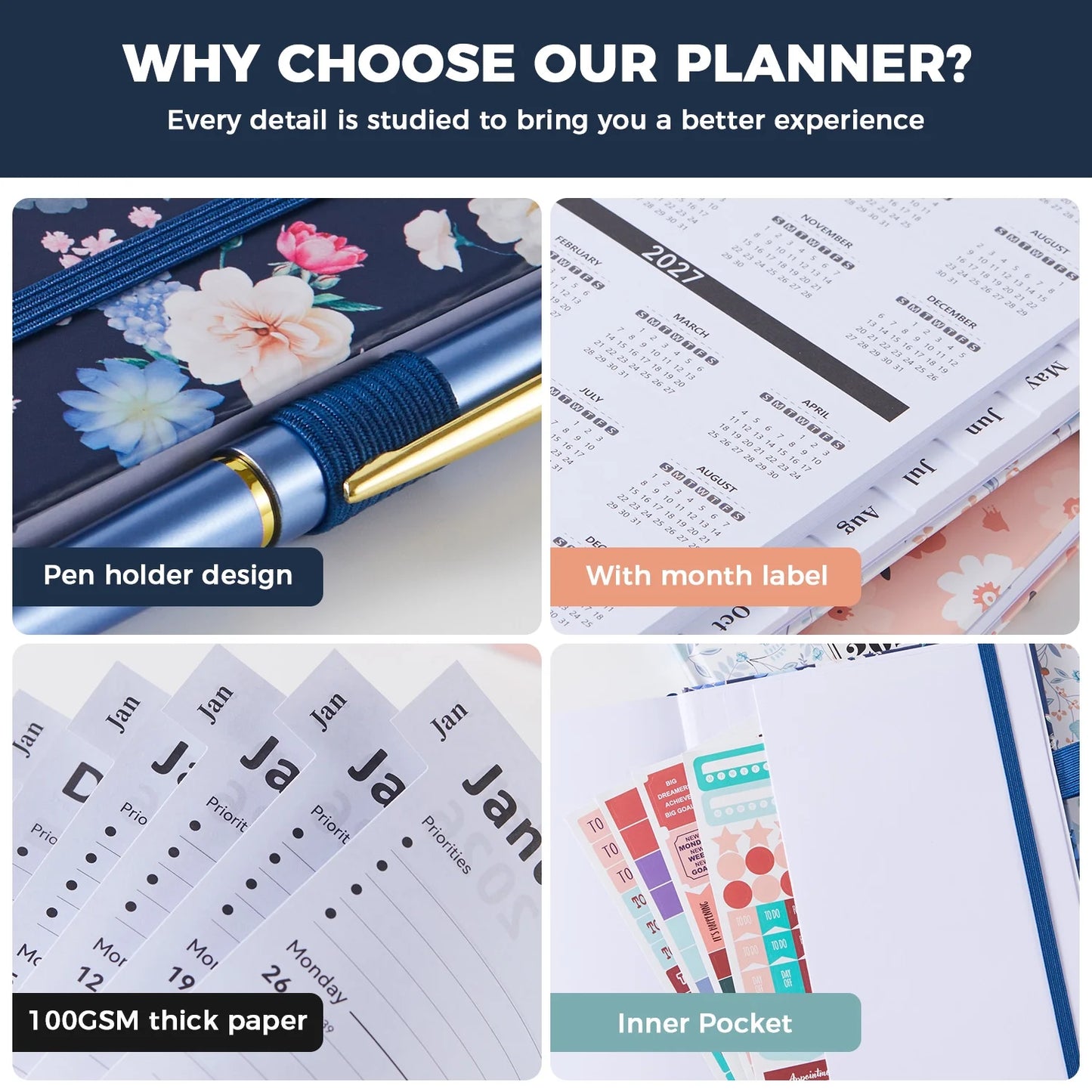 2026 Planner Calendar, Jan.2026 - Dec.2026 Weekly & Monthly Planner with Notes Pages, 12 Monthly Tabs & Inner Pocket, 8.4"X5.7", Flower Pattern Agenda Planning Book for Time Management