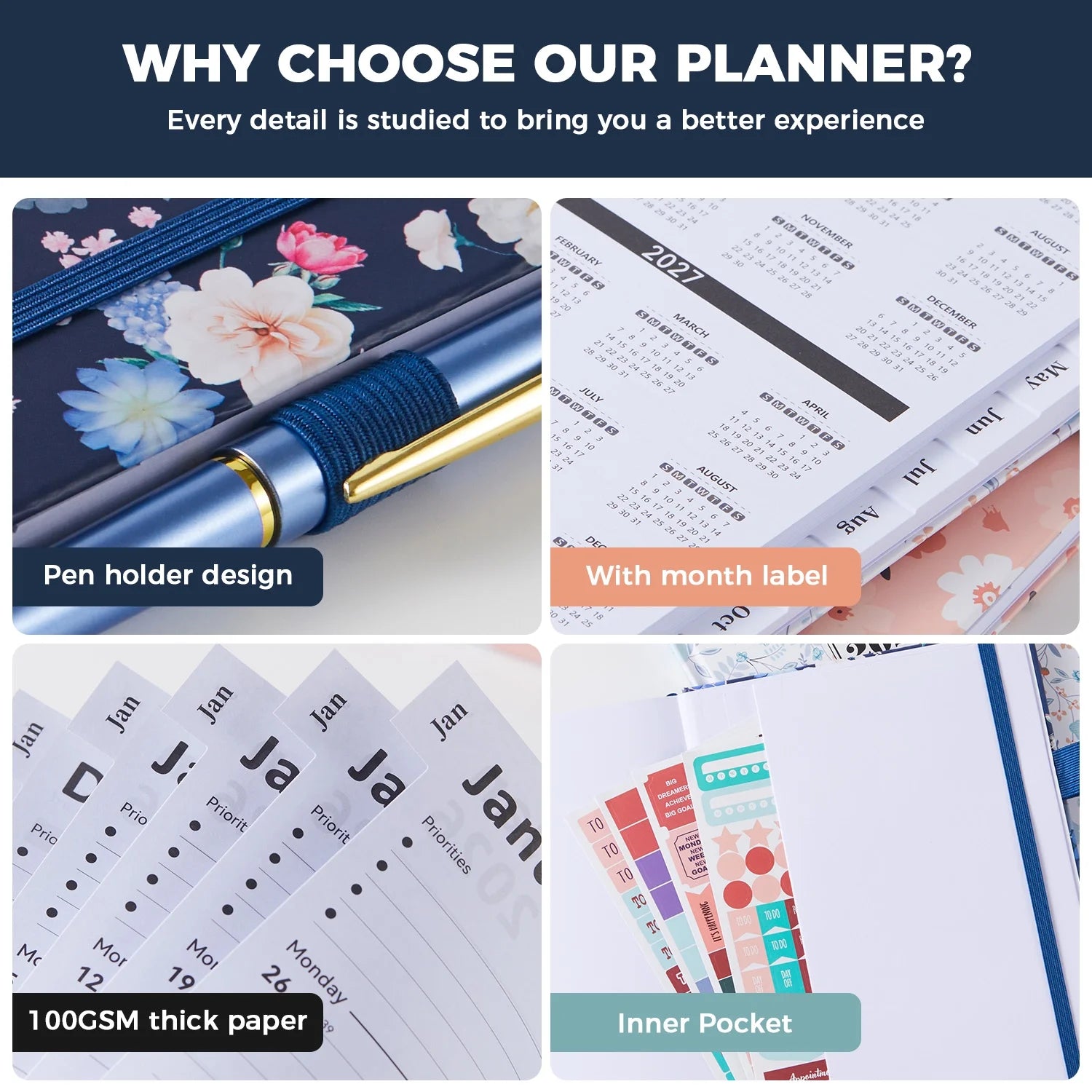 2026 Planner Calendar, Jan.2026 - Dec.2026 Weekly & Monthly Planner with Notes Pages, 12 Monthly Tabs & Inner Pocket, 8.4"X5.7", Flower Pattern Agenda Planning Book for Time Management