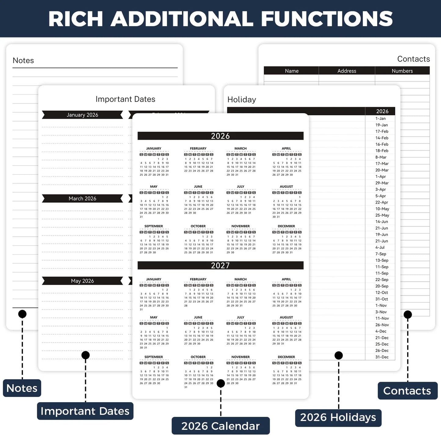 2026 Planner Calendar, Jan.2026 - Dec.2026 Weekly & Monthly Planner with Notes Pages, 12 Monthly Tabs & Inner Pocket, 8.4"X5.7", Flower Pattern Agenda Planning Book for Time Management
