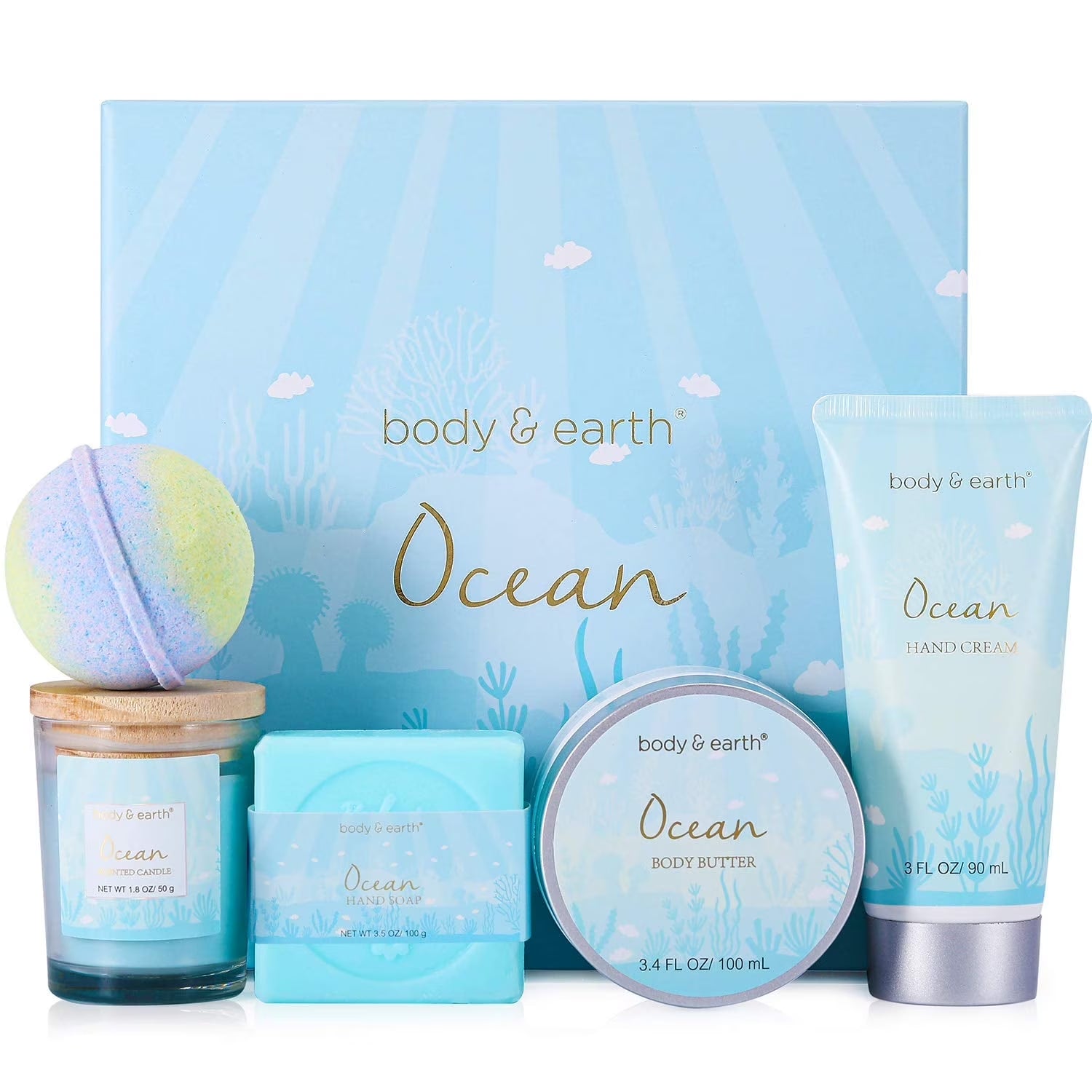 Bath and Body Set for Women, 5 Pcs Ocean Spa Baskets Holiday Beauty Christmas Birthday Gifts Sets for Her Mom