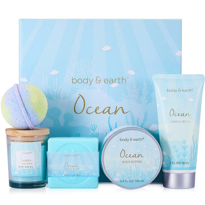 Bath and Body Set for Women, 5 Pcs Ocean Spa Baskets Holiday Beauty Christmas Birthday Gifts Sets for Her Mom
