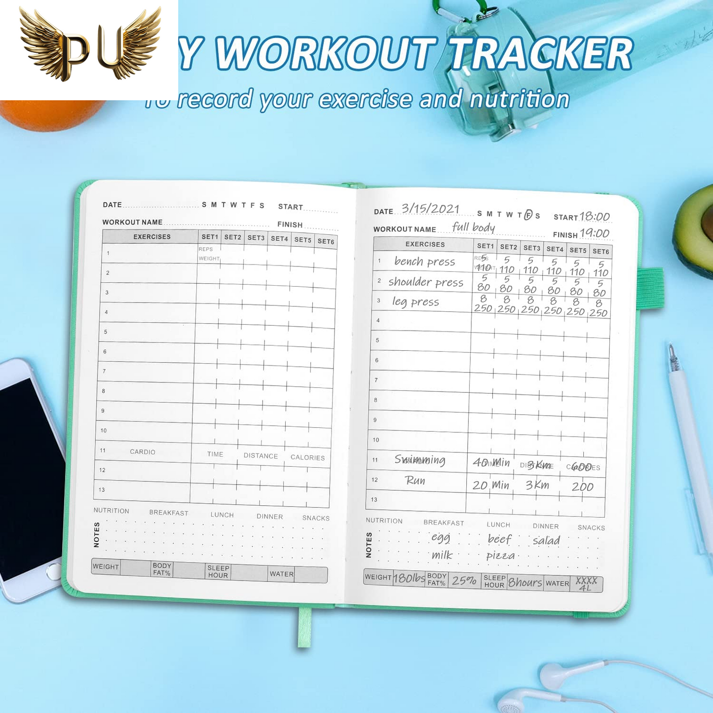 Fitness Journal Hardcover 6- Month Workout Planner Undated Workout Log Book Home Gym Accessories for Women and Man(Green)